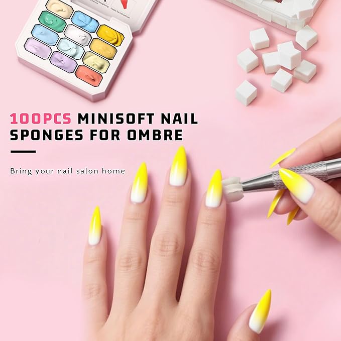 Sponge Pat Gel Nail Polish Palette, 12 Colors Blending Ombre Gel Polish Gradient Painting Nails Art, No Wipe, UV/LED Cured, 100Sponges 6Brushes 1Grabber (Set 01)