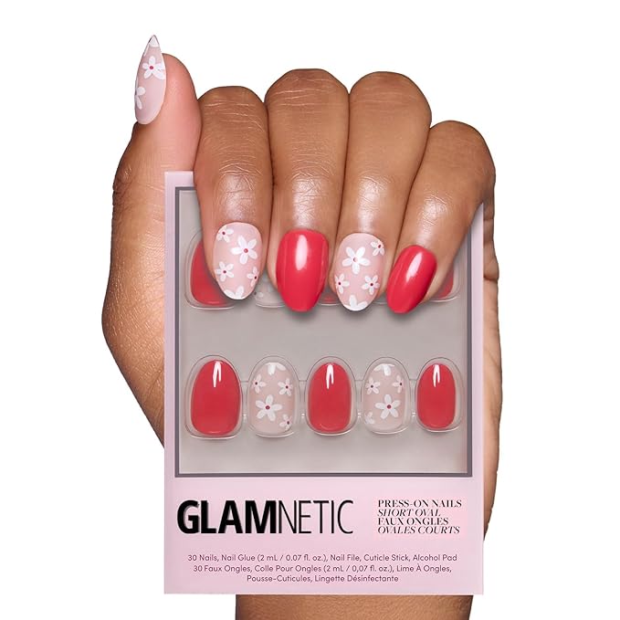 Glamnetic Press On Nails - Red Blossom | Glossy and Matte Short Oval Nails with Floral Accents, Salon Quality | 15 Sizes - 30 Nail Kit with Glue