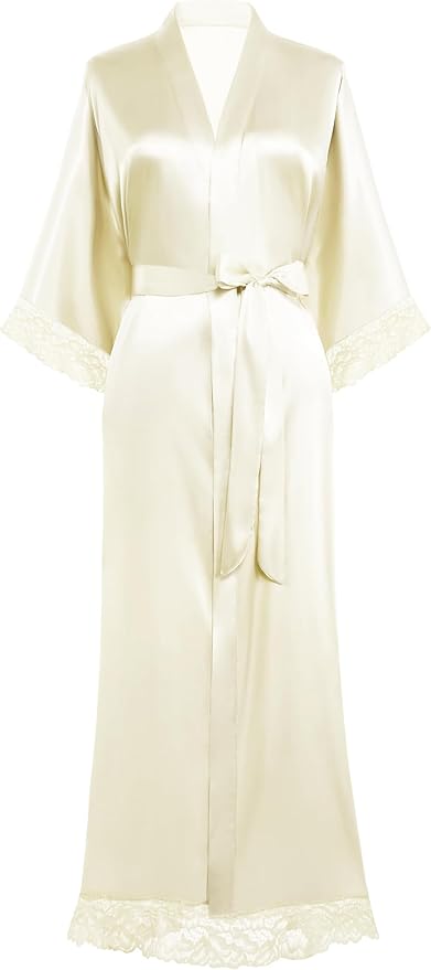 BABEYOND Satin Kimono Robe Silky Long Bridesmaid Wedding Lightweight Bath Robe with Lace Trim