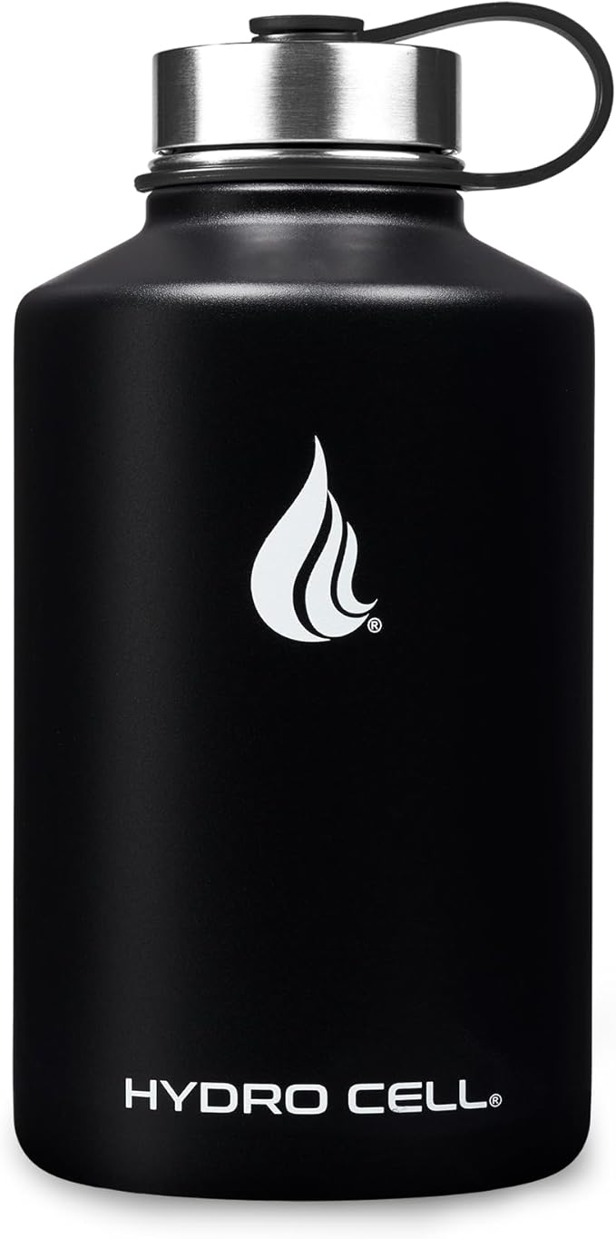 HYDRO CELL Stainless Steel Insulated Water Bottle with Straw - For Cold & Hot Drinks - Metal Vacuum Flask with Screw Cap and Modern Leakproof Sport Thermos for Adults (Black 64oz)