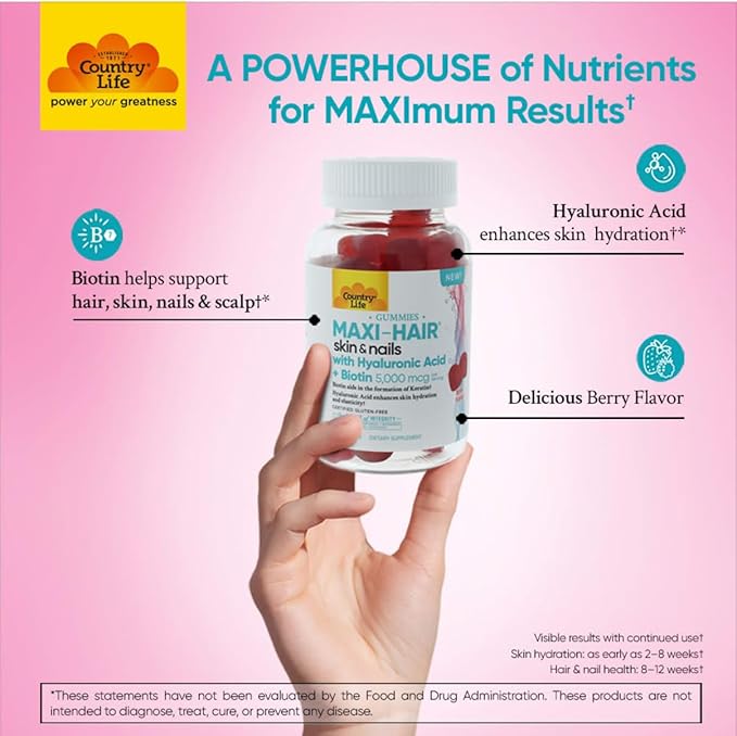 Country Life Maxi-Hair Skin & Nails Gummies with Hyaluronic Acid & Biotin 5,000 mcg – Supports Hair Growth, Skin Hydration & Nail Strength – Vegan, Gluten Free – 60 Gummies