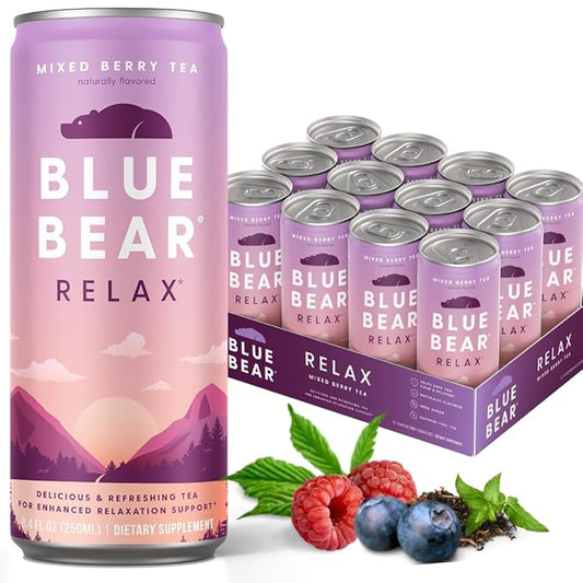Blue Bear Relax - Natural Calming Tea, Mixed Berry Herbal Tea Infusion, Canned Drink, Lavender, Lemon Balm and Chamomile, Vegan and Caffeine-Free, Zero Sugar, 8.4 fl oz, Pack of 12