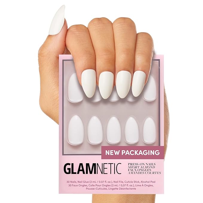 Glamnetic Press On Nails - Angel | Opaque White Short Almond Nails, Salon Quality | 12 Sizes - 24 Nail Kit