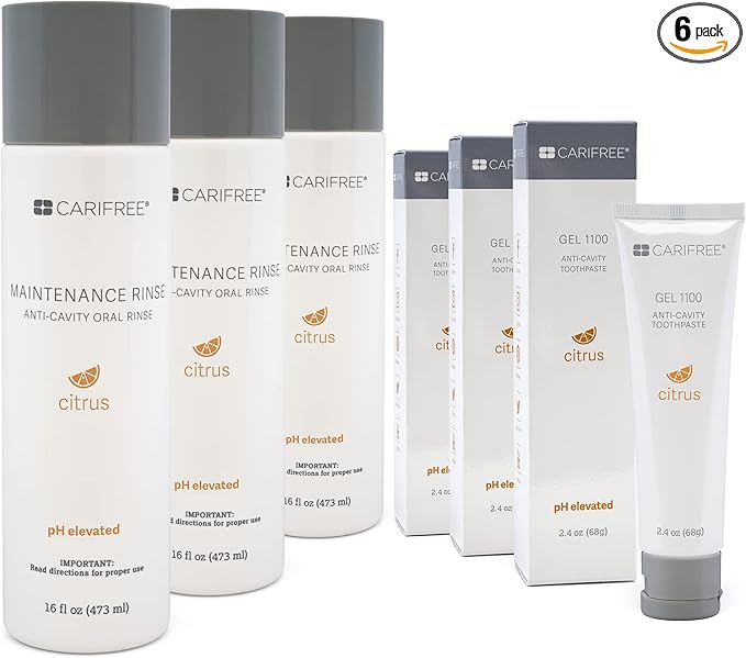 CariFree Maintenance & Prevention Kit, Citrus, Anti-Cavity Fluoride Toothpaste & Mouthwash Freshens Breath and Moistens Mouth, Dentist Recommended for Oral Care (6 Piece Set)