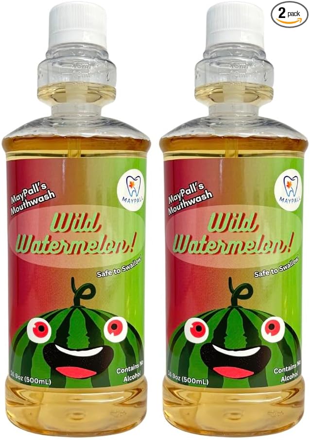Watermelon Flavored Kid's Mouthwash, Safe to Swallow, Natural, Promotes Healthy Teeth, Gentle Taste, No Burn, Fluoride Free, Alcohol Free, 16.9oz (Pack of 2).