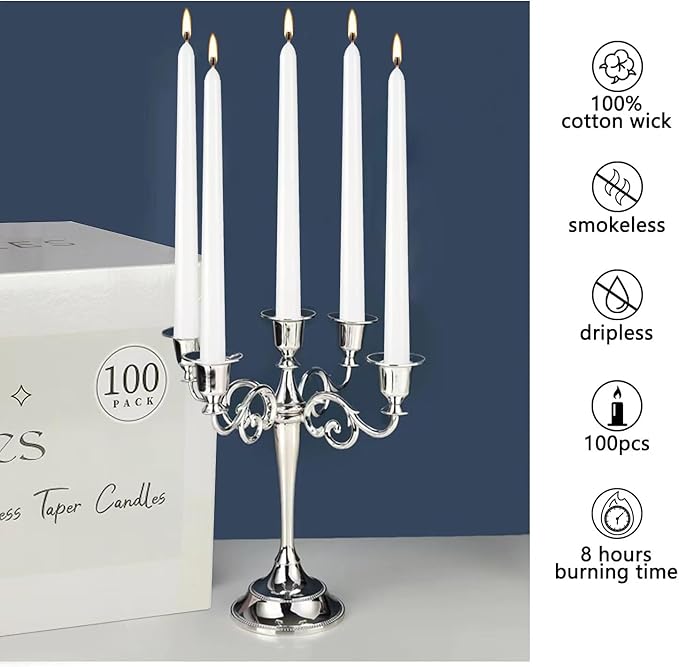 100Pack White Taper Candles, 7-8 Hours Burn Time, Unscented, Smokeless and Dripless, 0.75 x 10 Inch Dinner Candle Set for Household, Wedding, Party and Home Décor Candlesticks