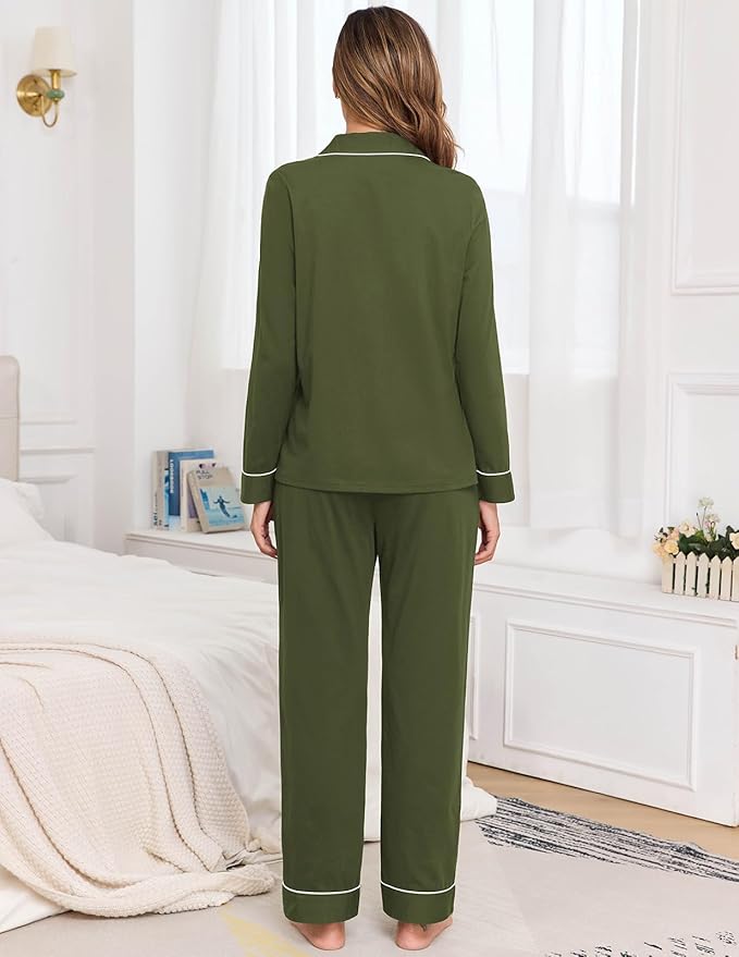 Veseacky 100% Cotton Pajamas for Women Set Long Sleeve Button Down Sleepwear Soft Pjs Lounge Sets with Pockets S-XXL