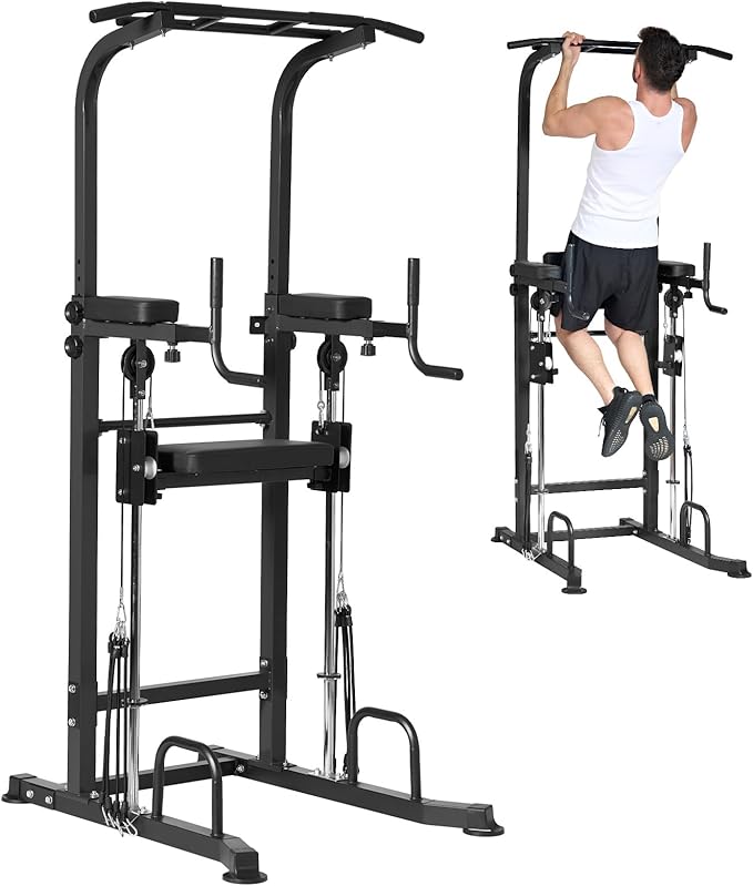 Dland Power Tower Dip Station Pull Up Bar Exercise Tower, Free Standing Pull Up Bars For Home Gym Strength Training Workout Equipment
