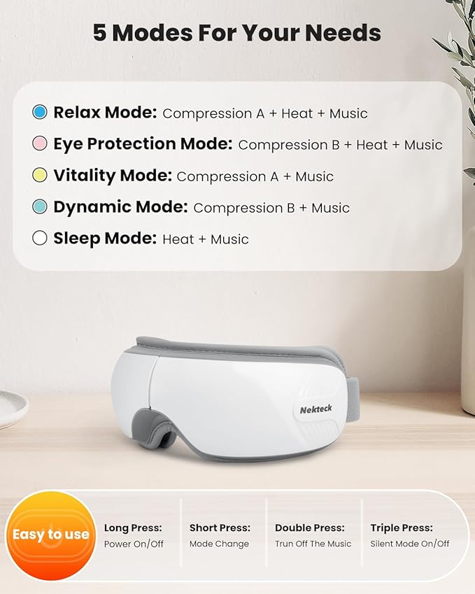 Nekteck Eye Massager with Heat, Birthday Gifts Bluetooth Eye Mask Massage for Migraine Relief, Heated Smart Migraine Massager to Reduce Strain, Dry Eyes, Sleep Relaxation, Christmas Gift for Her Him