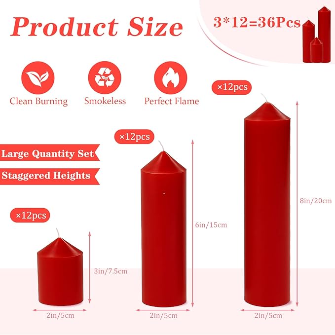 36 Pcs Red Pillar Candles Bulk Set，Hurricane Candles，3 Different Lengths (12 Each)，Dripless Unscented Smokeless，Gives You a Better Atmosphere When Organizing Wedding or Event Party.