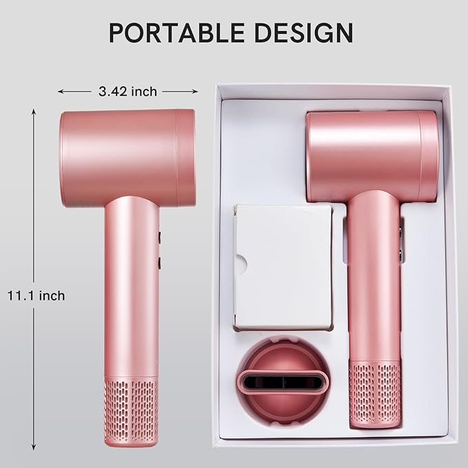 Cordless Ionic Hair Dryer with Digital Screen, 4 Mode Charging Blow Dryer with Magnetic Nozzle, Travel Hair Dryer for Women Kids Outdoor Camping Beaches (Pink)