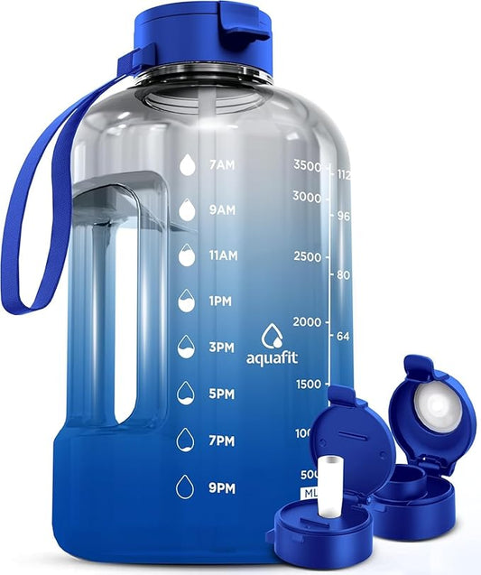 AQUAFIT 1 Gallon Water Bottle with Time Marker - Straw & Chug Lid - BPA Free Gym Water Bottle with Straw - Big Gallon Jug (Blue Skies, 128 oz - 2 Lids)