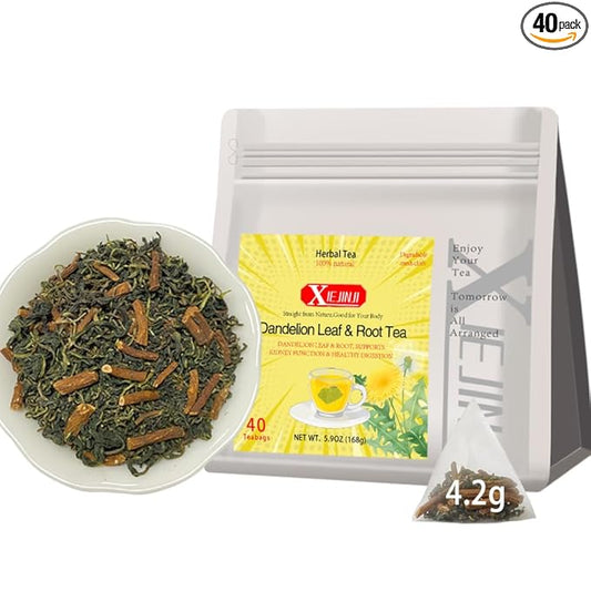 XIEJINJI Dandelion Tea, 100% Pure Dandelion Root & Leaf, 4.2g*40Count, Re-usable for Brew, Caffeine-Free Herbal Blend to Support Liver & Kidney Function, Eco-Conscious Tea Bags