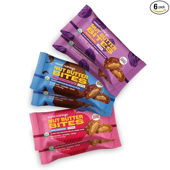 Sweet Nothings, Variety Pack: Chocolate, Apple Cinnamon, and Oatmeal Raisin, USDA Organic Nut Butter Bites Protein 6-2 Bite Value Packs (2 of each flavor) - No Added Sugar, Good Source of Fiber, Only 7 Ingredients
