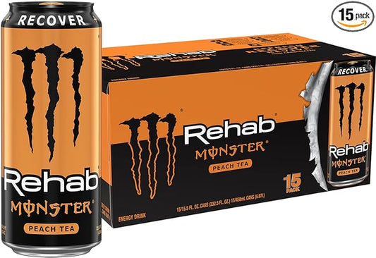 Monster Energy Rehab Peach Tea + Energy, Energy Iced Tea, Energy Drink, 15.5 Ounce (Pack of 15)