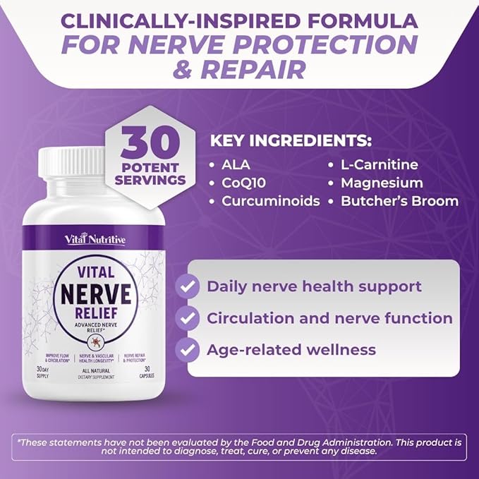 Vital Nerve Relief Supplement for Tingling & Discomfort – Alpha Lipoic Acid, Magnesium, CoQ10 – Vegan, Non-GMO, Gluten-Free, Sugar-Free, Dairy-Free – 30 Days Supply