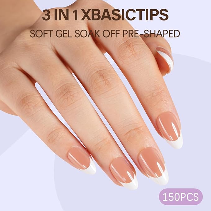 Misssix X-BASIC TIPS French Tip Press On Nails, 150Pcs French Gel Nail Tips Short Almond, Soft Gel Pre-shaped No Need to File 3 in 1 Nail Tips, Fake Nails for Nail Art DIY Extension Designs 15 Sizes