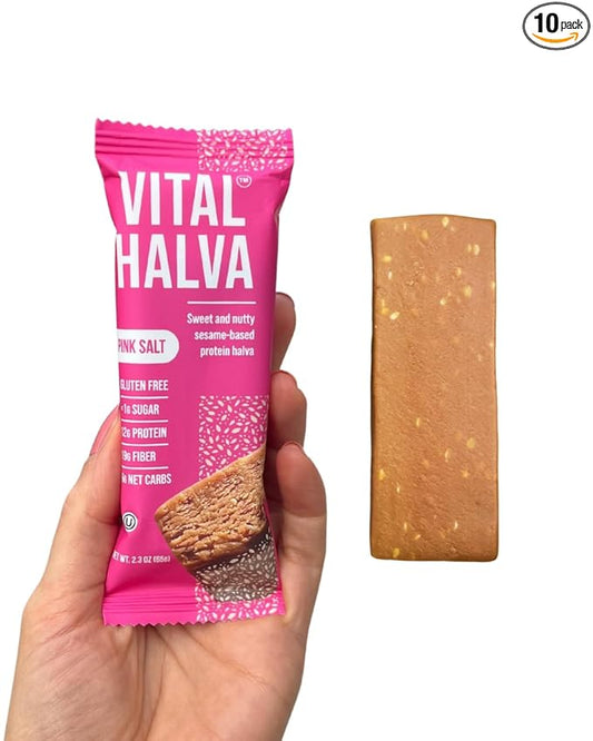 Vital Halva Fiber Protein Sesame Bar, Gluten Free, 19g Fiber, 12g Protein, 6 Net Carbs (10 Bars, 65g each) Zero Added Sugar, Flavor Pink Salt