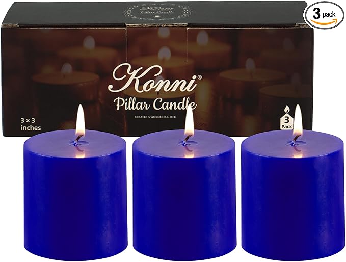 KONNI Classic Blue Pillar Candles Set of 3, 3"x 3" Unscented Pillar Candles Bulk, 30 Hours Long Burning Candles, Smokeless&Dripless Large Round Candle for Wedding, Home Decoration, Parties, Spas