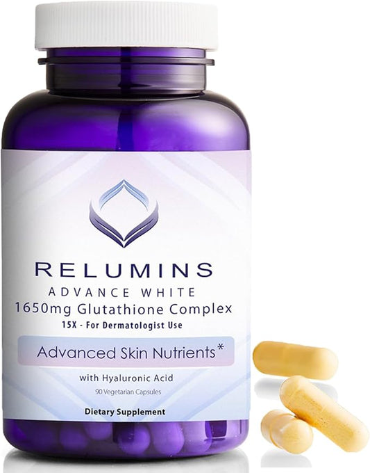 Relumins 1650mg L-Glutathione Complex with Hyaluronic Acid, Alpha Lipoic Acid, Rose HIPS, Vitamin E & Riboflavin – Antioxidant Support, Skin Hydration & Wellness, Made in USA – 90 Veggie Capsules