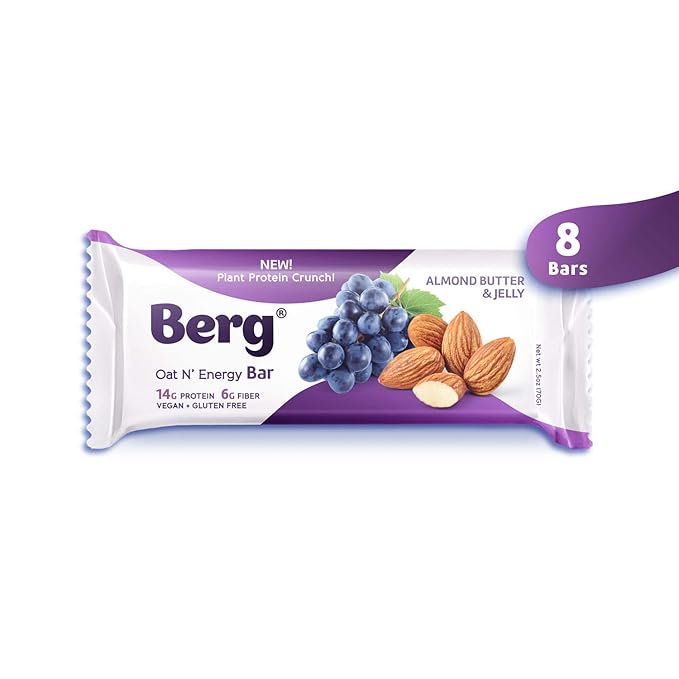 Berg Oat N' Energy Bar | Almond Butter Jelly | Plant Based Protein Bar | Non-GMO, Gluten Free, Nut Free and Vegan | Low Sugar, Healthy Snack Bar | High Fiber | On The Go | 2.5oz (8 Packs)