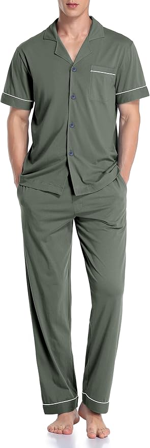 COLORFULLEAF Men's 100% Cotton Pajamas Set Button Down Sleepwear Short Sleeve and Long Pants Pjs