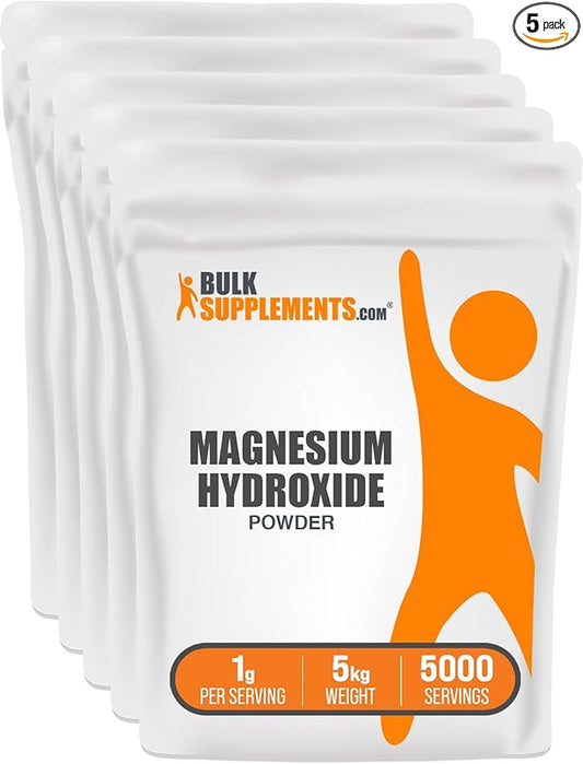 BulkSupplements.com Magnesium Hydroxide Powder - Magnesium Hydroxide Supplement - Food Grade & Gluten Free, 1g per Serving, 1kg (2.2 lbs) (Pack of 5)