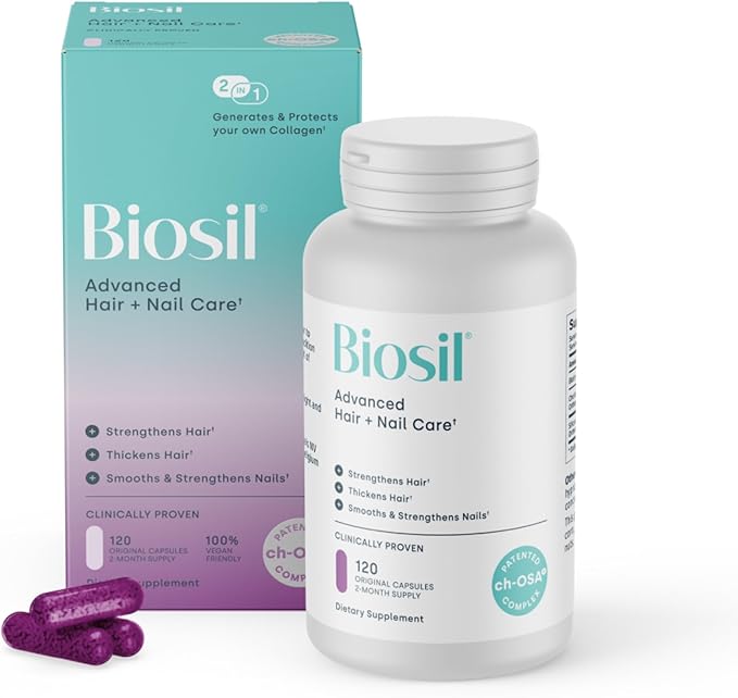 Biosil Advanced Hair + Nail Care - Growth Vitamins for Women - Strengthen & Thicken Strands - 120 Capsules - Patented ch-OSA - 60-Day Supply