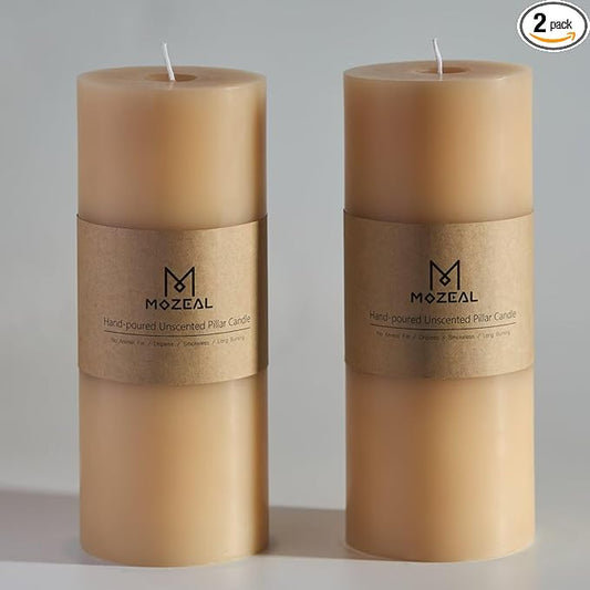 MOZEAL 4" x 10" Extra-Large Beige Pillar Candles (Set of 2), Unscented, Dripless, Smokeless,Long Clean-Burning,Tall 10 inch Large Beige Pillar Candles for Neutral-Themed Weddings and Serene Home Decor