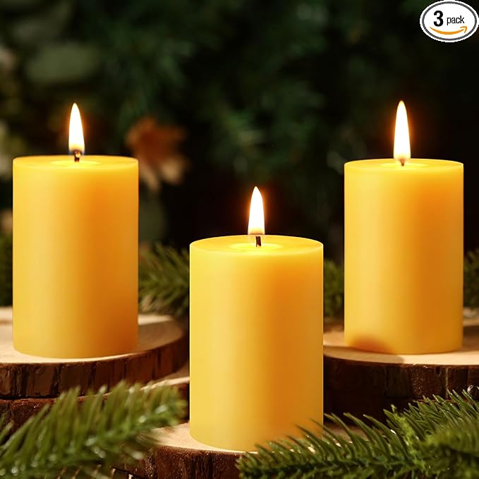 Natural Beeswax Pillar Candles,100% Pure Beeswax Candles-96 Hours Long Burning,Unscented Bees Wax Candles for Home,Prayer,Emergency,Dripless Smokeless Organic Pillar Candles Bluk-2x3in-3pack