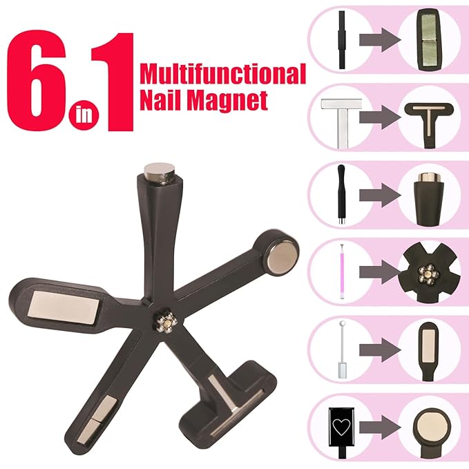 6 in 1 Nail Magnet, Cat Eye Gel Nail Polish Magnet for Nails, Magnetic Nail Polish Gel Tools with Silicone Protective Case for 3D Nail Art Design Nail Salon or DIY,Pink