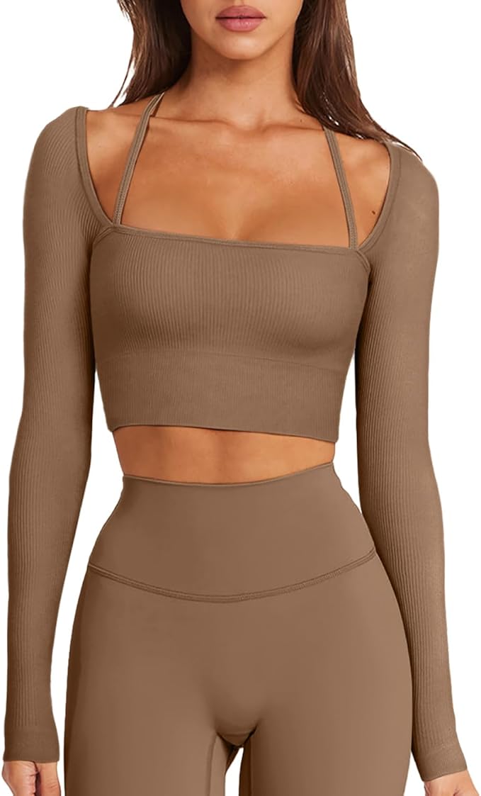 LASLULU Womens Sexy Square Neck Crop Top Ribbed Seamless Long Sleeve Workout Tops Halter Neck Athletic Yoga