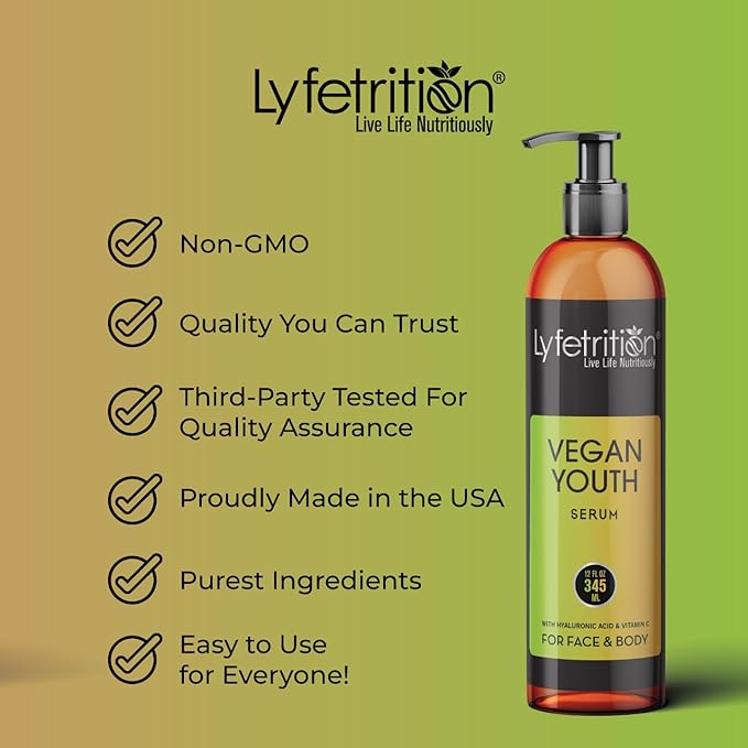 Lyfetrition Vegan Youth | 12 Fl oz Large Bottle | Anti-Aging And Wrinkle Serum | (Skin and Face Formula).