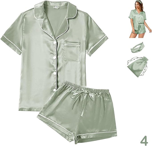 4Pcs Womens Satin Silky Pajama Sets Short Sleeve Shirt XS-4XL Floral Pajamas Set Soft PJ Loungewear Sleepwear
