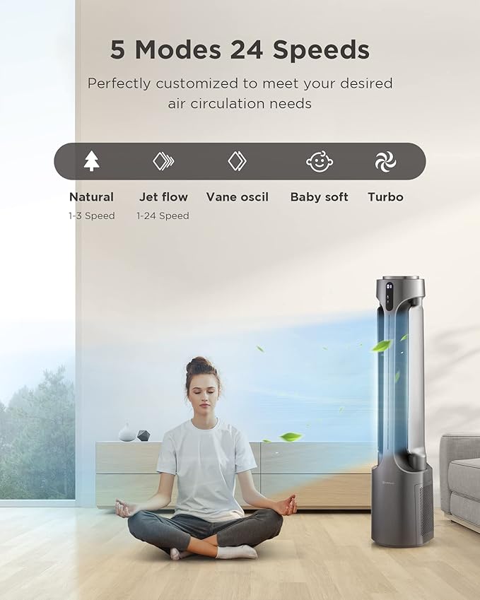 AIRMATE Air Purifier Bladeless Tower Fans, 1500CFM Large Air Volume, 45" 2-in-1 Standing Fan for Bedroom & Home, 28ft/s Velocity, 90° Oscillation, 15H Timer, Low Noise, Silver