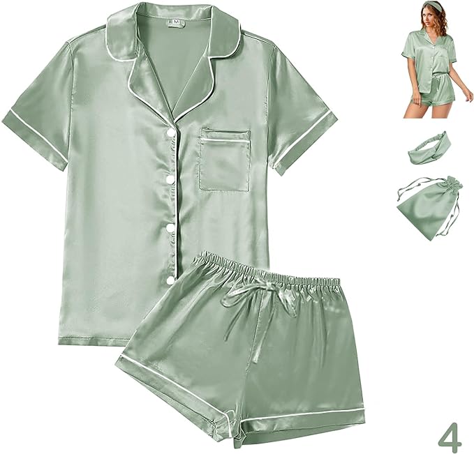 4Pcs Womens Satin Silky Pajama Sets Short Sleeve Shirt XS-4XL Floral Pajamas Set Soft PJ Loungewear Sleepwear