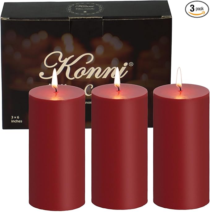 KONNI Dark Red Pillar Candles Set of 3, 3"x 6" Unscented Pillar Candles Bulk, 56 Hours Long Burning Candles, Smokeless&Dripless Large Round Candle for Wedding, Home Decoration, Parties, Spas, Dinner