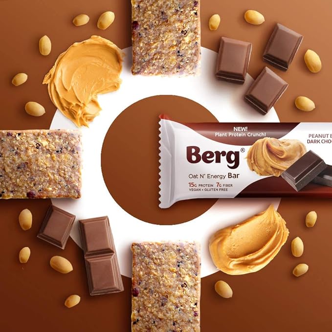 Berg Oat N' Energy Bar | Peanut Butter & Dark Chocolate | Plant Based Protein Bar | Non-GMO, Gluten Free, Nut Free and Vegan | Low Sugar, Healthy Snack Bar | High Fiber | On The Go | 2.5oz (8 Packs)