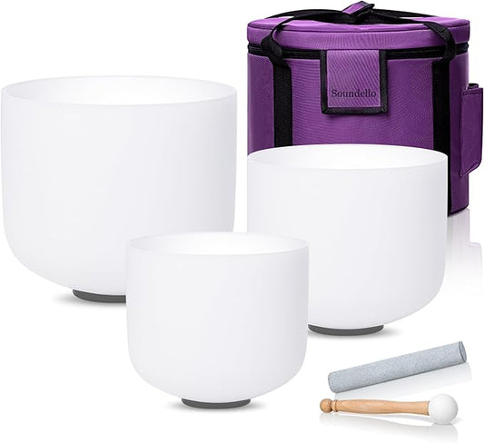 7-11inch 432hz Quartz Crystal Singing Bowls Set of 3 White, for Healing Mindfulness Meditation Yoga Sound Baths with Case Mallet Suede Striker