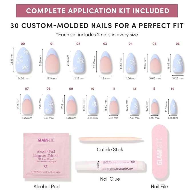 Glamnetic Press On Nails - Snow Bunny | Short Almond Fake Nails in Pale Blue with French Tips & 3D Snowflake Designs in a Matte Finish, Salon Quality Winter Nails | 15 Sizes - 30 Nail Kit with Glue