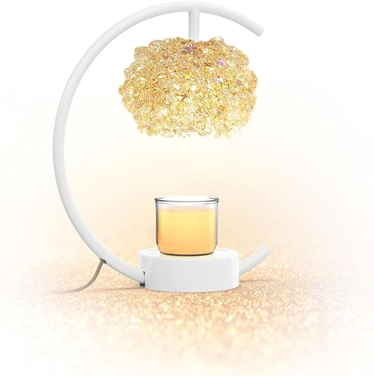 White Candle Warmer Lamp for Jar Candles with Adjustable Brightness＆Timer，Handcrafted Crystal＆Wooden Base,Candle Lamp Luxurious Design+2Bulbs,Home Decoration Electric Candle lamp(C-Shaped)