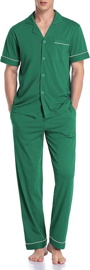 COLORFULLEAF Men's 100% Cotton Pajamas Set Button Down Sleepwear Short Sleeve and Long Pants Pjs