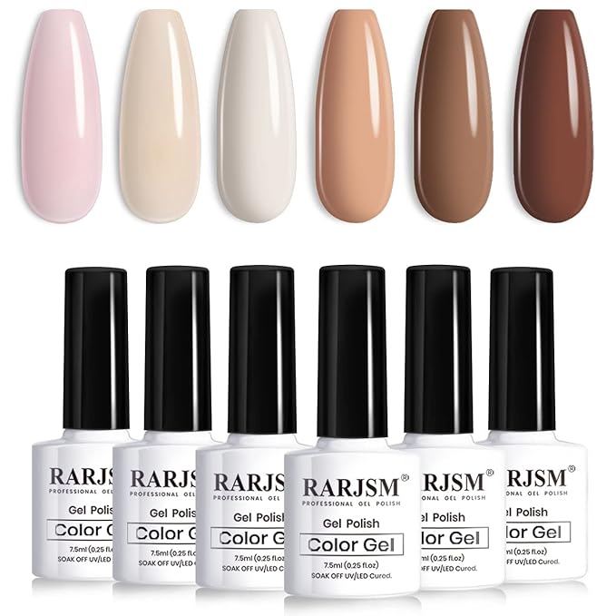 RARJSM Nude Gel Nail Polish Set 6 Colors,Skin Tone Neutral Nail Gel Polish 7.5ml Clear Pink Coffee Brown Beige for Fall Winter Soak Off Nail Art For French Tip Home Manicure DIY Nail Design