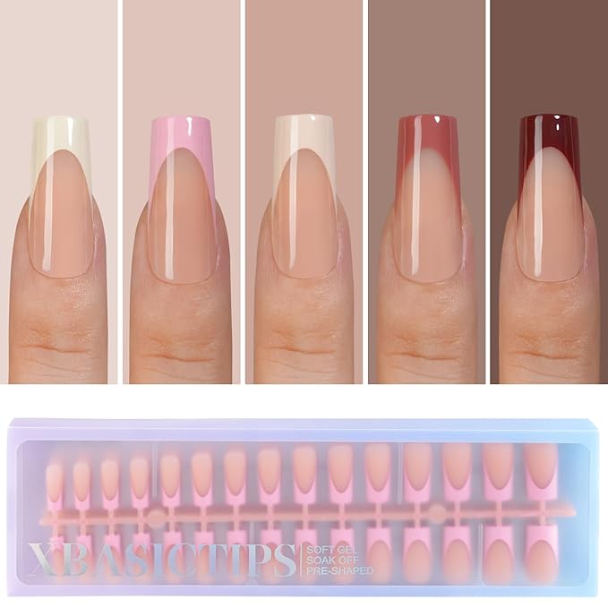Misssix XBASICTIPS French Gel Nail Tips, 150Pcs Soft Gel French Tip Press on Nails Long Square, No Need to File False Nail, Soak Off Pre-Shaped Fake Nails for Nail Art DIY 15 Sizes