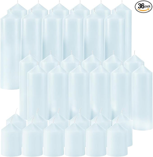 36 Pcs Blue Pillar Candles Bulk Set，Hurricane Candles，3 Different Lengths (12 Each)，Dripless Unscented Smokeless，Gives You a Better Atmosphere When Organizing Wedding or Event Party.
