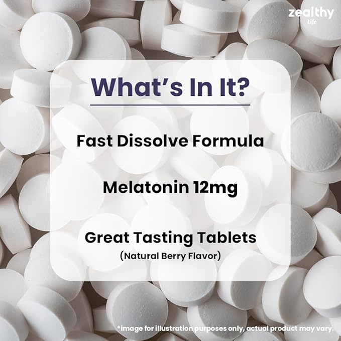 Melatonin 12mg Fast Dissolve Tablets – Natural Berry Flavor, 100 Count – Extra Strength Sleep Support for Adults – Non-Habit Forming, 100-Day Supply