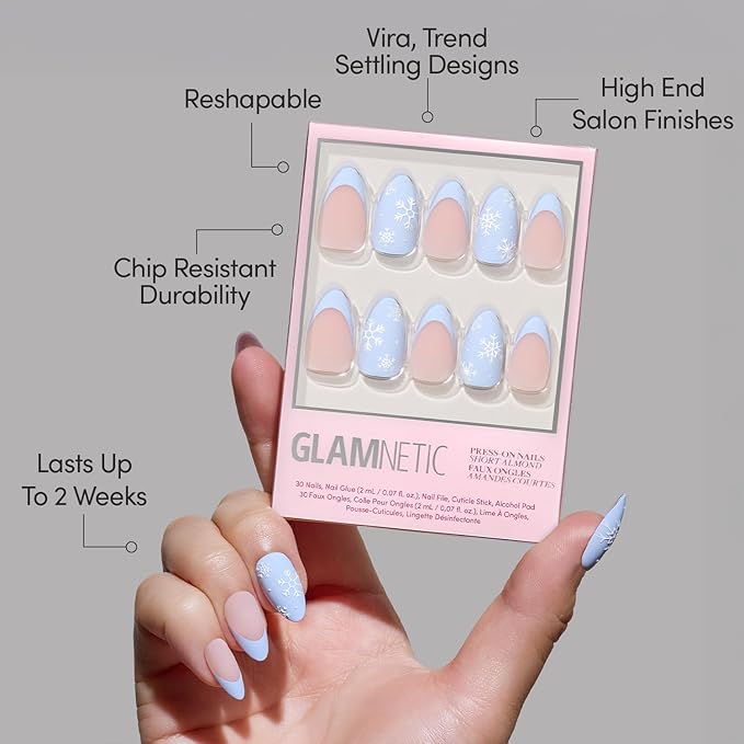 Glamnetic Press On Nails - Snow Bunny | Short Almond Fake Nails in Pale Blue with French Tips & 3D Snowflake Designs in a Matte Finish, Salon Quality Winter Nails | 15 Sizes - 30 Nail Kit with Glue