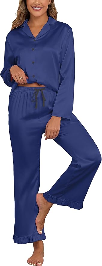 Veseacky Womens Satin Pajama Set Silk Pjs Button Down Long Sleeve Sleepwear Loungewear Sleepwear 2 Piece Pjs Set S-XXL