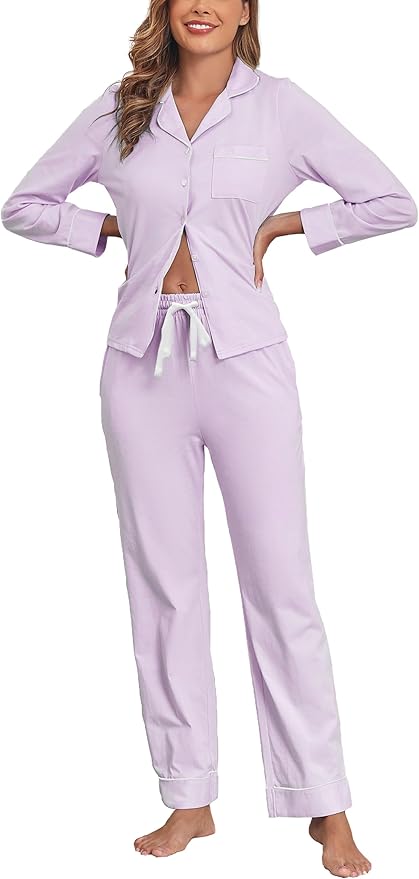 Veseacky 100% Cotton Pajamas for Women Set Long Sleeve Button Down Sleepwear Soft Pjs Lounge Sets with Pockets S-XXL