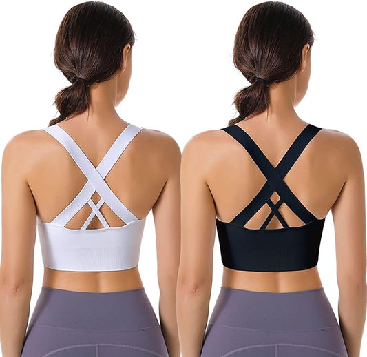 Evercute Sports Bra for Women Padded Medium Support Criss Cross Strappy Bras Seamless High Impact Yoga Exercise Athletic Bras